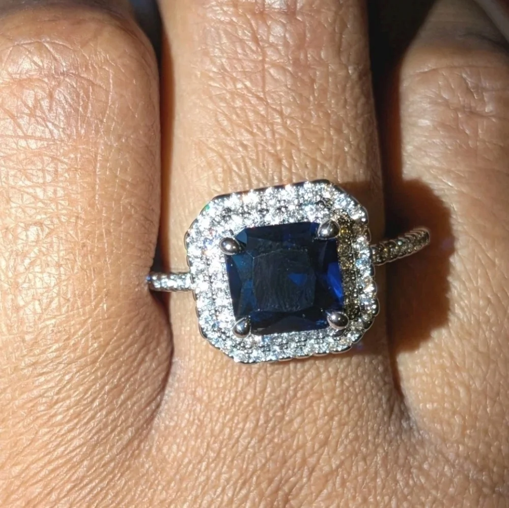 Dazzling Deep Blue Sapphire and Silvery Halo Ring Sz 10